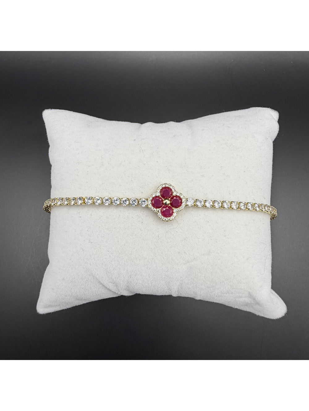 candy+clover ruby magenta clover crystal gold tone tennis bracelet